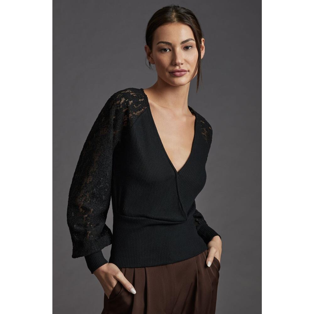 New Anthropologie Balloon Lace-Sleeves V-Neck Sweater Top - XL